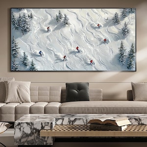 Abstract Skiing Sport Landscape Oil Painting on Canvas, Original Large Texture Winter Wall Art, Custom Painting Skiers Painting Home Decor