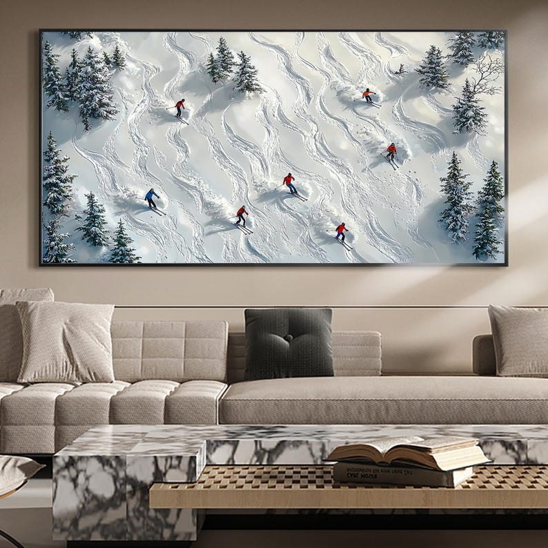 Abstract Skiing Sport Landscape Oil Painting on Canvas, Original Large Texture Winter Wall Art, Custom Painting Skiers Painting Home Decor