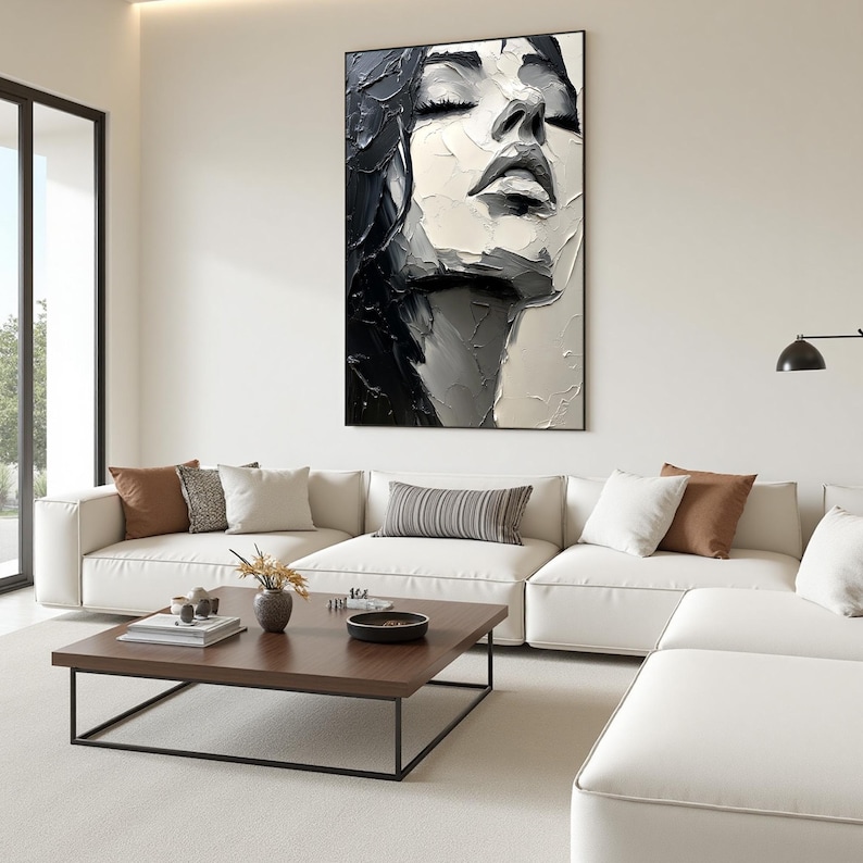 Textured Black and White Woman Portrait Painting, Large Abstract Face ...