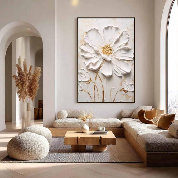 White Textured Wall Art, 3D Flower Painting, Minimalist Impasto Floral Art, Japandi Living Room Decor, Original Neutral Artwork on Canvas