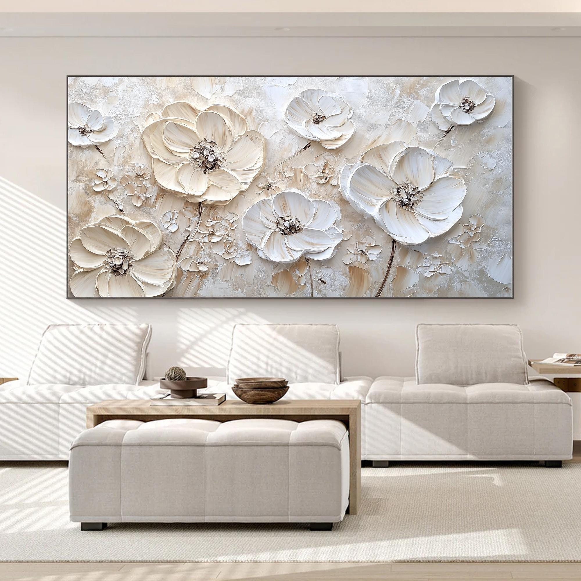 Abstract Blossom Textured Painting, Original 3D White Floral Canvas Oil Painting, Large Flower Landscape Art Boho Home Decor For Living Room