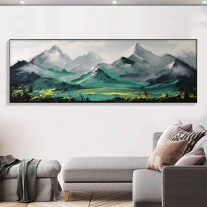 Large Original Green Mountain Oil Painting On Canvas, Modern Abstract Landscape Painting, Textured Wall Art, Custom Living Room Wall Decor