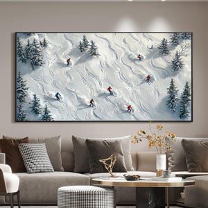 Abstract Skiing Sport Landscape Oil Painting on Canvas, Original Large Texture Winter Wall Art, Custom Painting Skiers Painting Home Decor