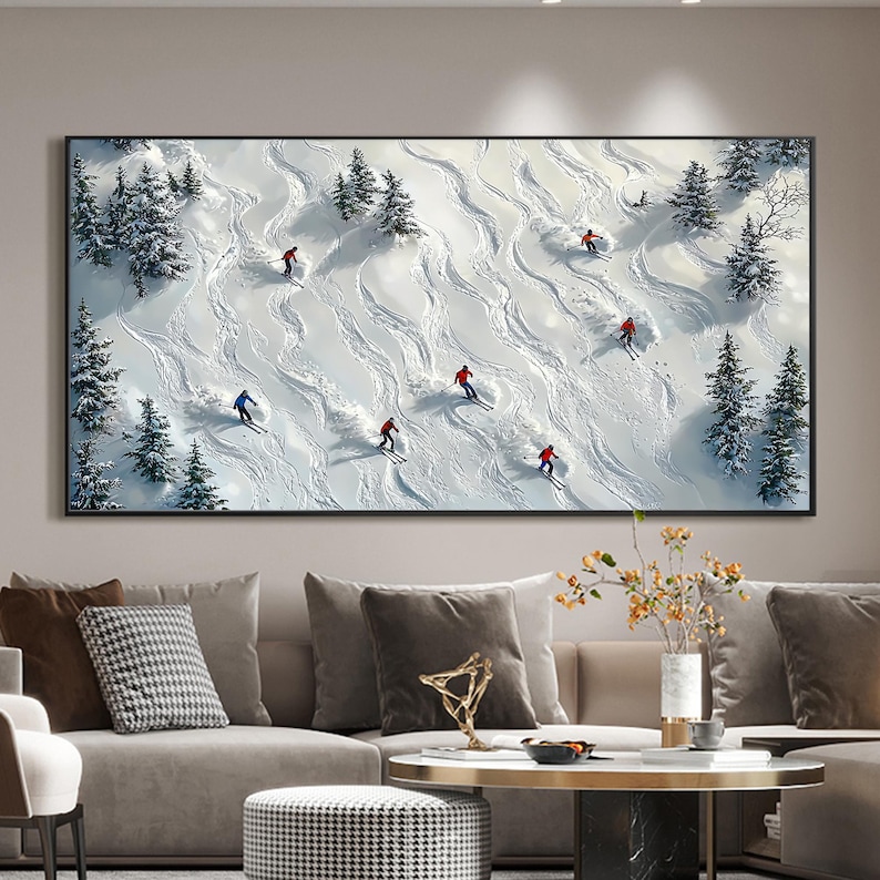 Abstract Skiing Sport Landscape Oil Painting on Canvas, Original Large Texture Winter Wall Art, Custom Painting Skiers Painting Home Decor