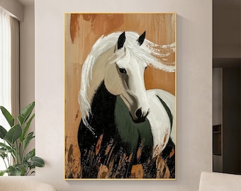 Large Original Horse Oil Painting on Canvas, Abstract 3D Textured Horse Wall Art, Gifts for Horse Lovers, Custom Sofa Background Wall Decor