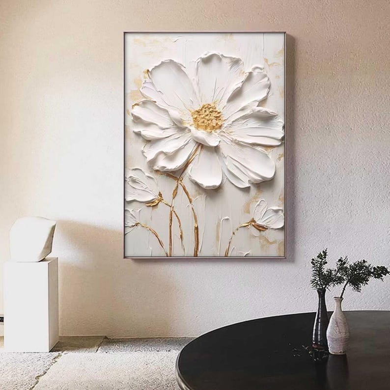 White Textured Wall Art, 3D Flower Painting, Minimalist Impasto Floral Art, Japandi Living Room Decor, Original Neutral Artwork on Canvas