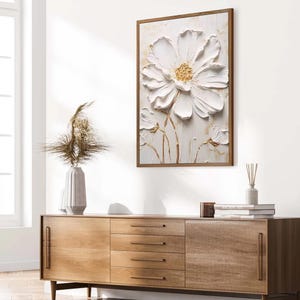 White Textured Wall Art, 3D Flower Painting, Minimalist Impasto Floral Art, Japandi Living Room Decor, Original Neutral Artwork on Canvas
