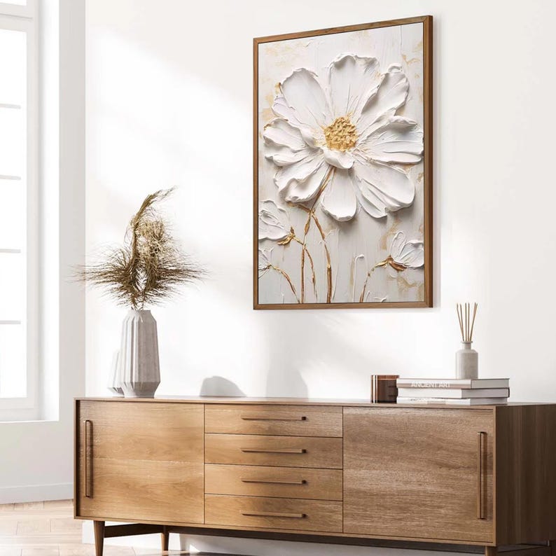 White Textured Wall Art, 3D Flower Painting, Minimalist Impasto Floral Art, Japandi Living Room Decor, Original Neutral Artwork on Canvas
