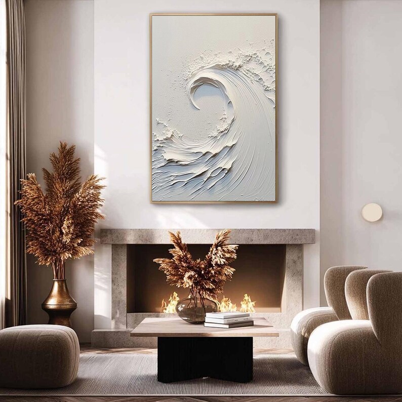 3D Wave Painting White Textured Impasto Art Minimalist Coastal Decor Photo Inspiration