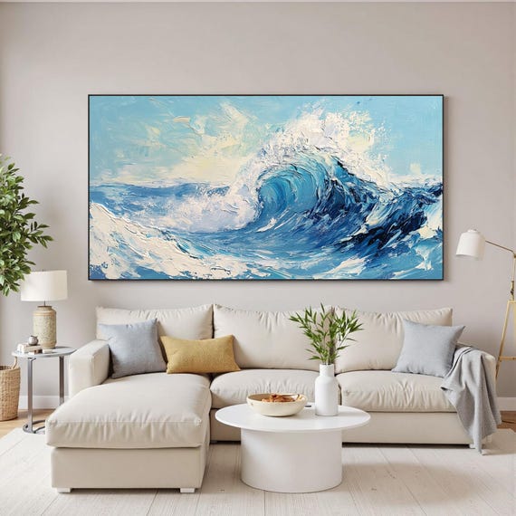 絵画海　手描き　インテリア　オーシャン　原画　波　油絵 テクスチャのある海の波の油絵、大きなインパスト海景キャンバスアート