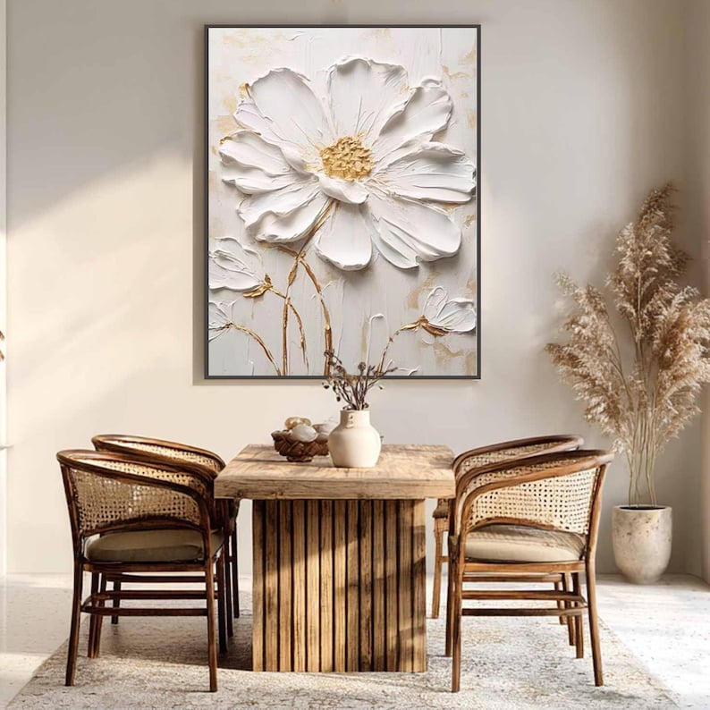 White Textured Wall Art, 3D Flower Painting, Minimalist Impasto Floral Art, Japandi Living Room Decor, Original Neutral Artwork on Canvas