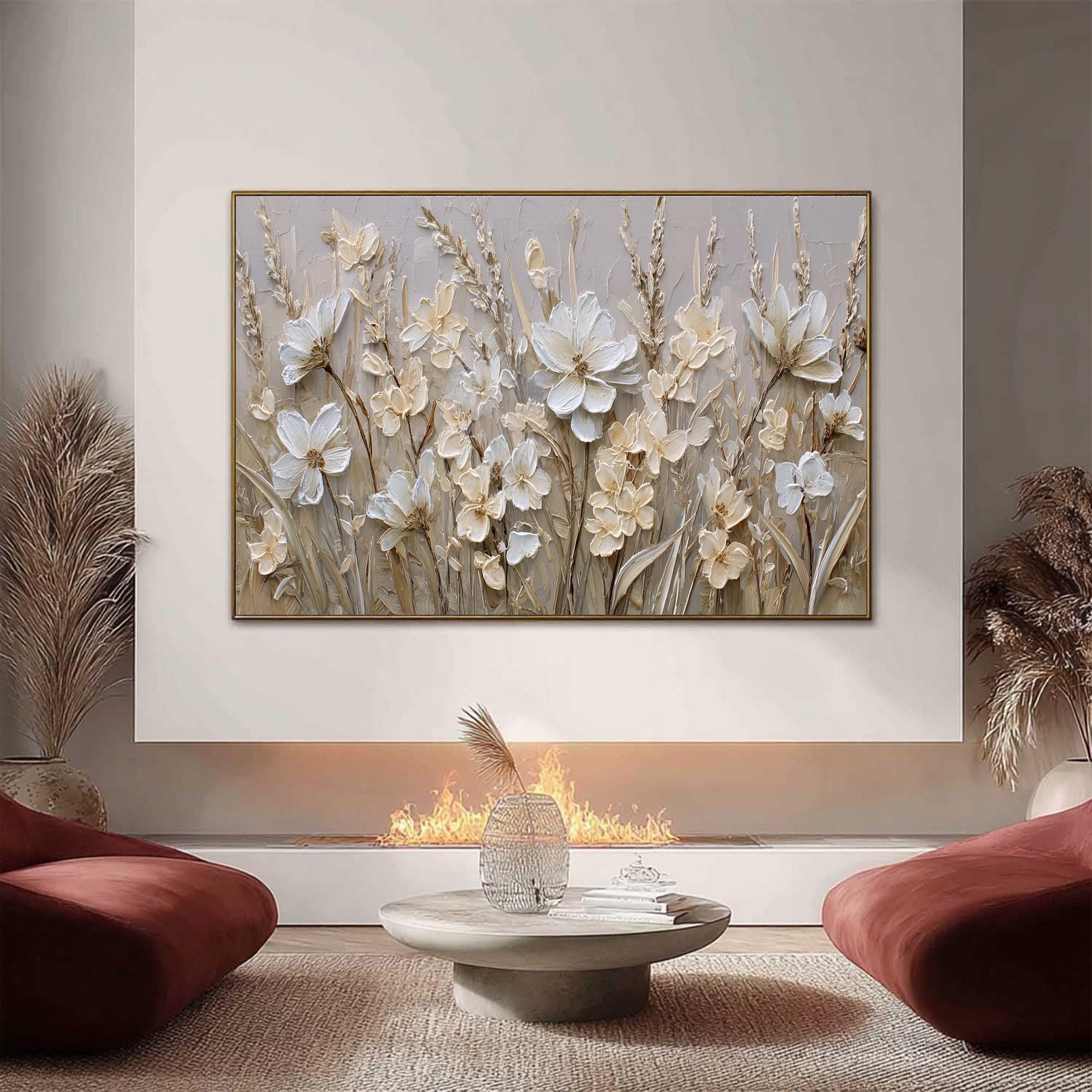 Textured White Floral Oil Painting, 3D Flower Canvas Art - Etsy