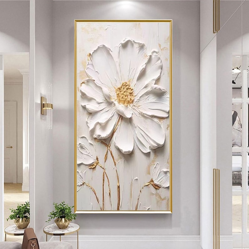 White Textured Wall Art, 3D Flower Painting, Minimalist Impasto Floral Art, Japandi Living Room Decor, Original Neutral Artwork on Canvas