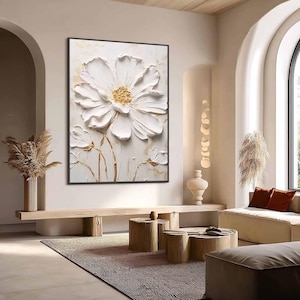 White Textured Wall Art, 3D Flower Painting, Minimalist Impasto Floral Art, Japandi Living Room Decor, Original Neutral Artwork on Canvas