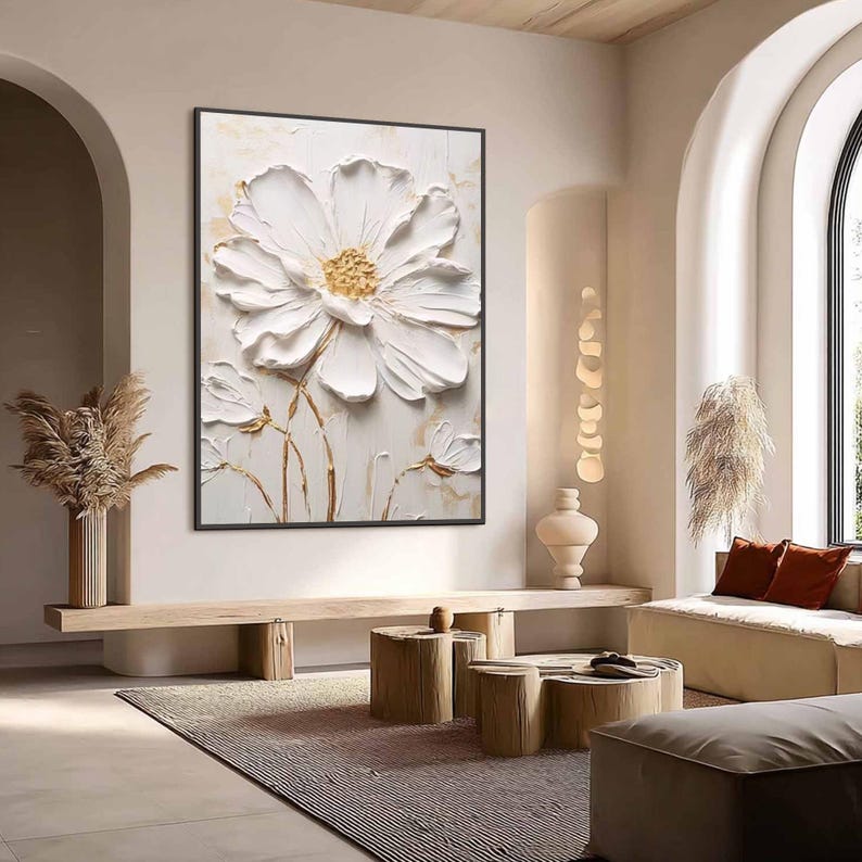 White Textured Wall Art, 3D Flower Painting, Minimalist Impasto Floral Art, Japandi Living Room Decor, Original Neutral Artwork on Canvas