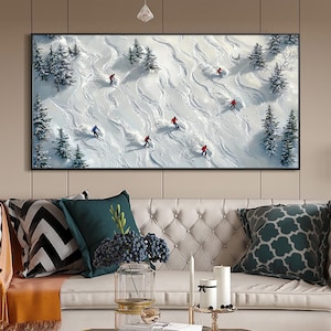 Abstract Skiing Sport Landscape Oil Painting on Canvas, Original Large Texture Winter Wall Art, Custom Painting Skiers Painting Home Decor