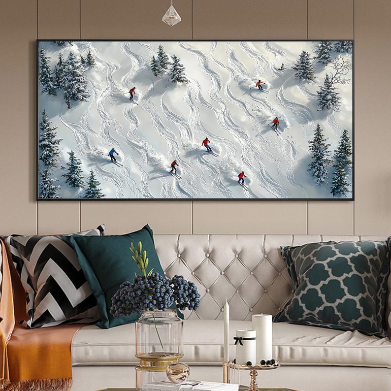 Abstract Skiing Sport Landscape Oil Painting on Canvas, Original Large Texture Winter Wall Art, Custom Painting Skiers Painting Home Decor