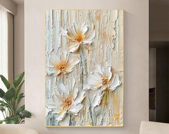Original Impasto Texture Flower Oil Painting on Canvas, Abstract Blossom Painting, Large White Floral Wall Art, Modern Bedroom Wall Decor