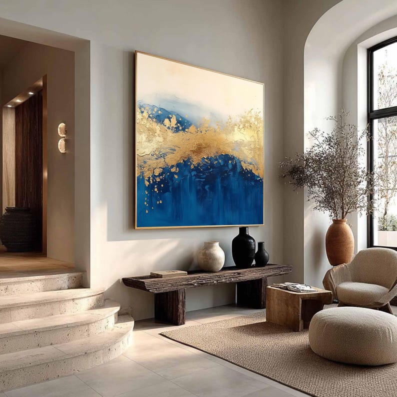 Textured Blue Abstract Oil Painting, Gold Leaf Impasto Wall Art - Etsy