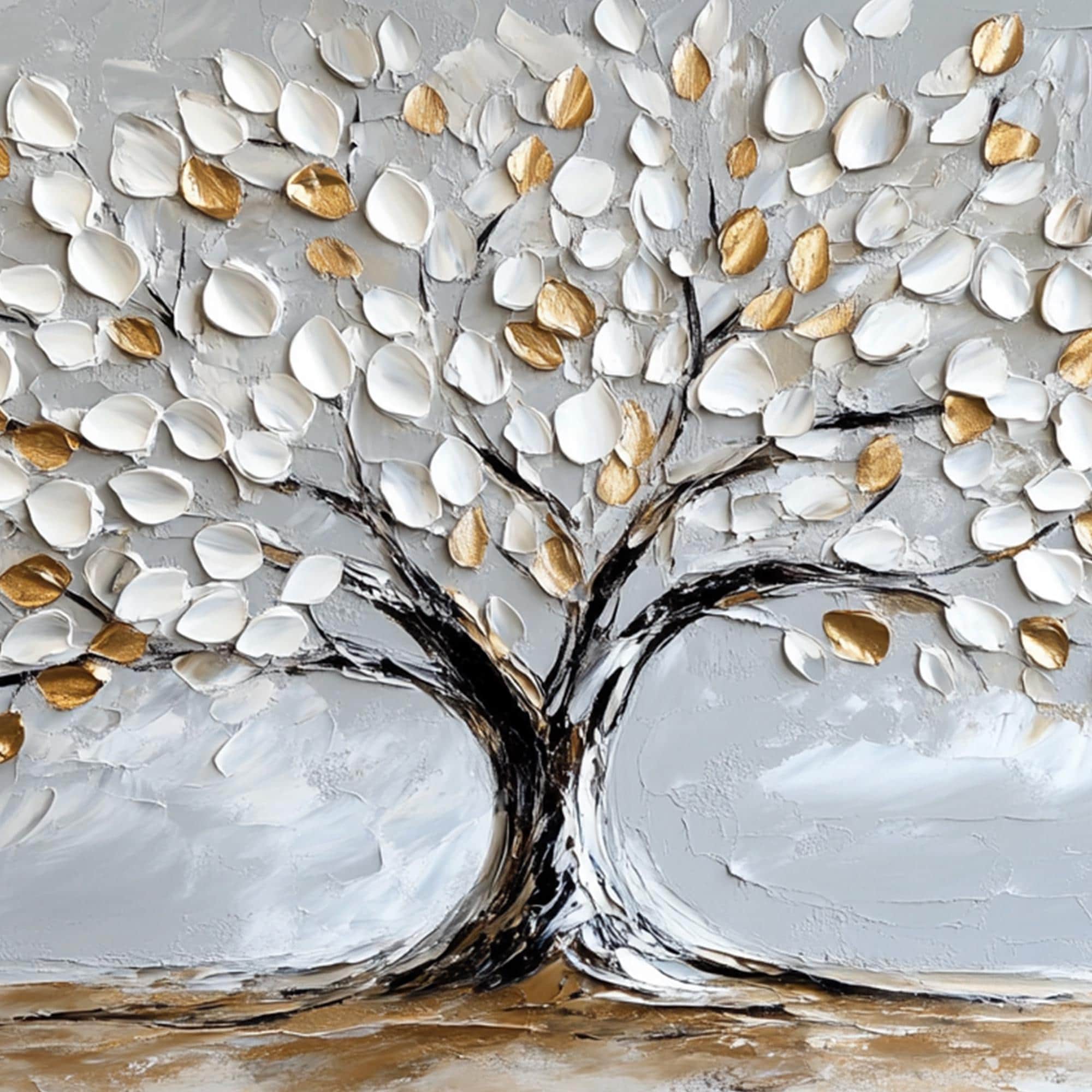 White Tree Oil Painting, Abstract Golden Leaves Textured Canvas Art - Etsy