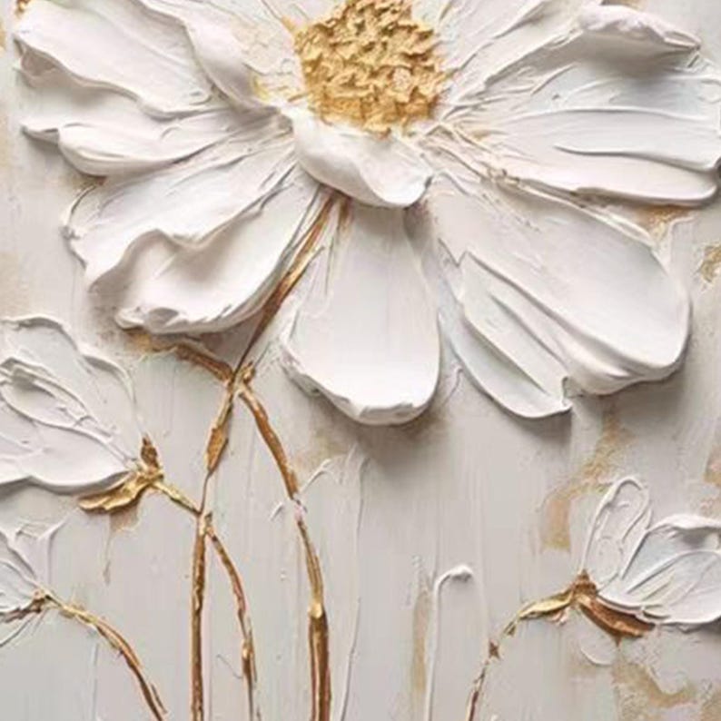 White Textured Wall Art, 3D Flower Painting, Minimalist Impasto Floral Art, Japandi Living Room Decor, Original Neutral Artwork on Canvas
