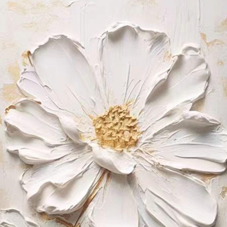 White Textured Wall Art, 3D Flower Painting, Minimalist Impasto Floral Art, Japandi Living Room Decor, Original Neutral Artwork on Canvas