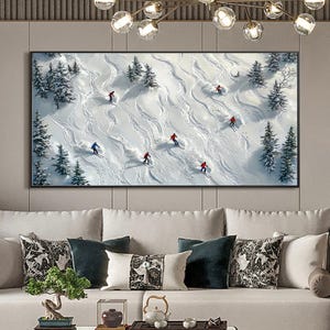 Abstract Skiing Sport Landscape Oil Painting on Canvas, Original Large Texture Winter Wall Art, Custom Painting Skiers Painting Home Decor