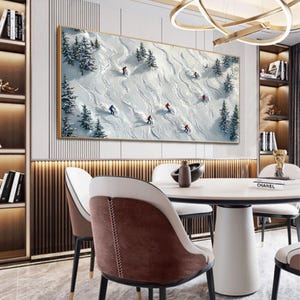 Abstract Skiing Sport Landscape Oil Painting on Canvas, Original Large Texture Winter Wall Art, Custom Painting Skiers Painting Home Decor
