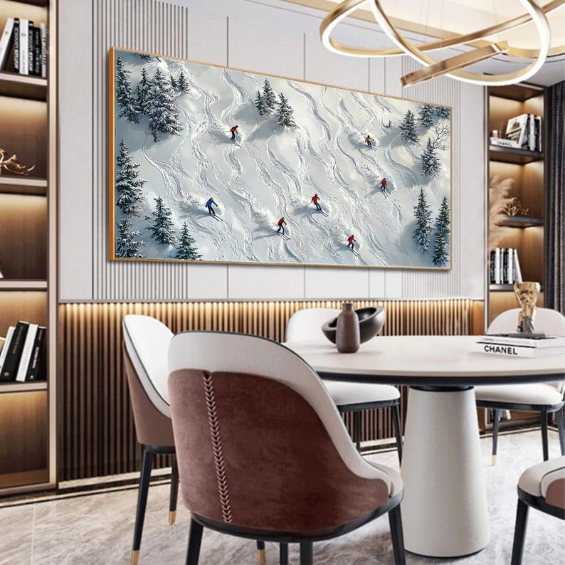 Abstract Skiing Sport Landscape Oil Painting on Canvas, Original Large Texture Winter Wall Art, Custom Painting Skiers Painting Home Decor