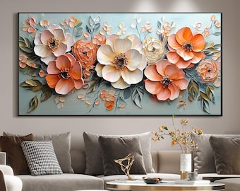 Original 3D Texture Flower Oil Painting on Canvas, Large Abstract Colorful Blossom Scenery Wall Art Custom Modern Sofa Background Wall Decor