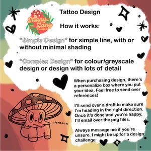 Puede incluir: Anuncio de dise&ntilde;os de tatuajes con una ilustraci&oacute;n de un personaje de hongo. El texto explica las opciones de dise&ntilde;o, incluyendo dise&ntilde;os simples y complejos, y proporciona instrucciones para ordenar y datos de contacto.