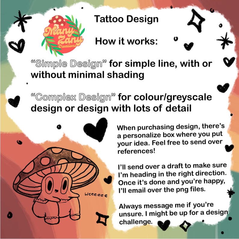 Puede incluir: Anuncio de dise&ntilde;os de tatuajes con una ilustraci&oacute;n de un personaje de hongo. El texto explica las opciones de dise&ntilde;o, incluyendo dise&ntilde;os simples y complejos, y proporciona instrucciones para ordenar y datos de contacto.