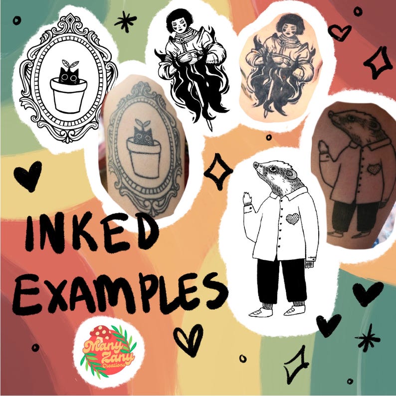 Puede incluir: Imagen que muestra ejemplos de tatuajes con diversos dise&ntilde;os. Los dise&ntilde;os incluyen un gato en una maceta, una persona con llamas y un tej&oacute;n con camisa. El texto "INKED EXAMPLES" tambi&eacute;n est&aacute; presente, junto con un logotipo y otros elementos decorativos.