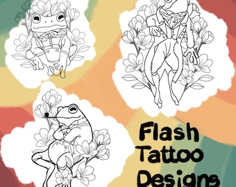 Puede incluir: Diseños de tatuajes flash en blanco y negro con tres ilustraciones de ranas elegantes. Cada rana está vestida con ropa formal y rodeada de elementos florales. También se incluye el texto "Flash Tattoo Designs FANCY FROGS".