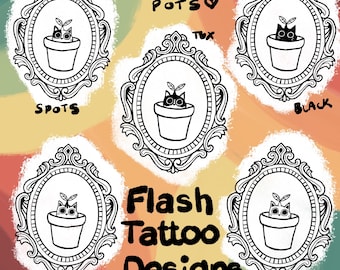 Diseños de tatuajes flash ~ Colección de gatos en macetas