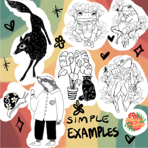 Puede incluir: Ilustraci&oacute;n caprichosa con un zorro negro, un caracol con detalles florales y varias ranas y un tej&oacute;n antropom&oacute;rficos. Un gato negro est&aacute; sentado cerca de una planta en maceta. Tambi&eacute;n se incluye el texto "SIMPLE EXAMPLES".