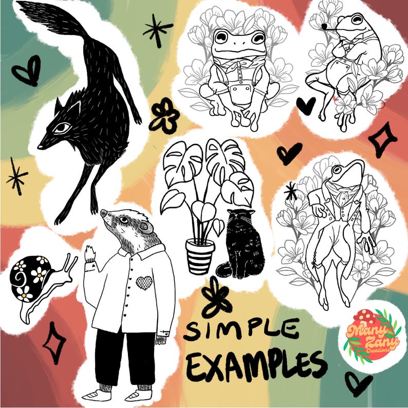 Puede incluir: Ilustraci&oacute;n caprichosa con un zorro negro, un caracol con detalles florales y varias ranas y un tej&oacute;n antropom&oacute;rficos. Un gato negro est&aacute; sentado cerca de una planta en maceta. Tambi&eacute;n se incluye el texto "SIMPLE EXAMPLES".