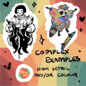 Puede incluir: Ilustraci&oacute;n con dos personajes de dibujos animados: una persona con una espada y un mapache en monopat&iacute;n. El mapache lleva un atuendo te&ntilde;ido anudado. El texto dice "COMPLEX EXAMPLES HIGH DETAIL AND/OR COLOUR". Tambi&eacute;n hay un logotipo con el texto "Many Zany Creations".