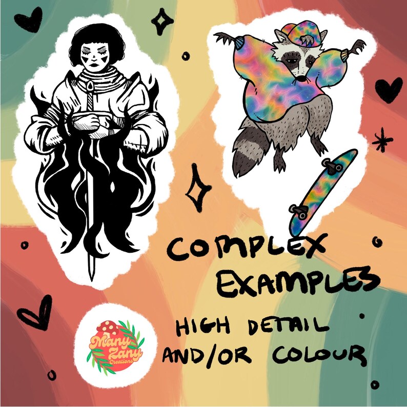 Puede incluir: Ilustraci&oacute;n con dos personajes de dibujos animados: una persona con una espada y un mapache en monopat&iacute;n. El mapache lleva un atuendo te&ntilde;ido anudado. El texto dice "COMPLEX EXAMPLES HIGH DETAIL AND/OR COLOUR". Tambi&eacute;n hay un logotipo con el texto "Many Zany Creations".