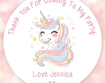 24x Rainbow Unicorn Face Thank You For Coming Stickers Glossy Vinyl Circular Labels Gifts Cards Party Favours Girls Boy Celebration Shower