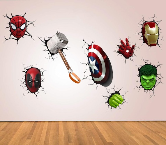 Superhero 3D Crack Kids Bedroom Vinyl Decal Wall Art Sticker Marvel Avengers Super Hero Heroes Cracked Heroes