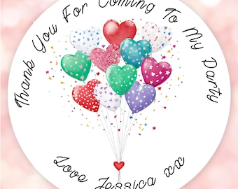 24x Heart Balloons Thank You For Coming To My Birthday Personalised Stickers Glossy Vinyl Circular Label Gifts Party Favours Girls Boy Sweet