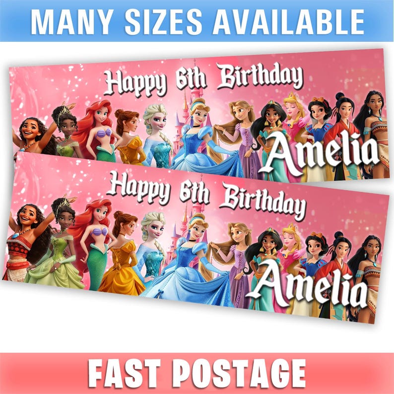 Peut inclure: Deux banni&egrave;res roses avec des princesses Disney et le texte "Happy 6th Birthday Amelia". La banni&egrave;re sup&eacute;rieure indique "MANY SIZES AVAILABLE" et la banni&egrave;re inf&eacute;rieure "FAST POSTAGE".