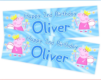 Pig D5 Blue Personalised Banner Birthday Girls Boys Party Paper Deco Happy Kids Cartoon Theme Children's Balloons