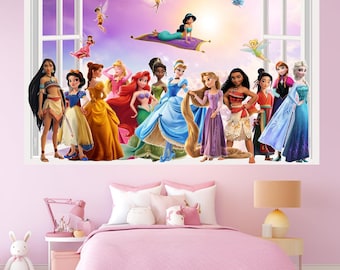 Disney Princesses Open Window D2 Wall Stickers Characters STRONG Vinyl Baby Kids Bedroom Decoration Poster Princess Party Room Door Girls