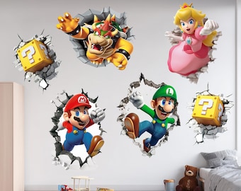 Mario Cracked Wall Characters High Quality Vinyl Sticker Bedroom Kids Movie Bowser Party Room Door Girls Boys Play Game Princess Peach