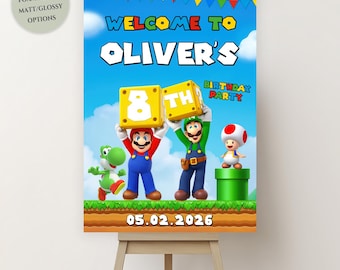 PRINTED & SHIPPED Mario Holding Blocks Welcome Sign Personalised Party Birthday Game Boy Girl Movie Celebration Happy Unisex Foam Board Card