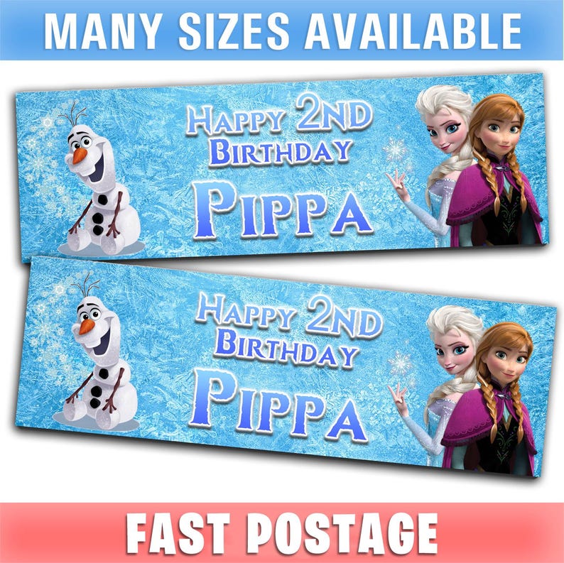 Puede incluir: Dos pancartas azules con los personajes de Frozen, con el texto "Happy 2nd Birthday Pippa". El texto "MANY SIZES AVAILABLE" y "FAST POSTAGE" tambi&eacute;n est&aacute;n presentes.