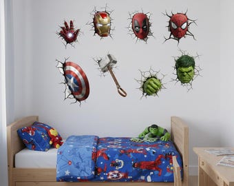 Realistic Superhero 3D Crack Kids Bedroom Vinyl Decal Wall Art Sticker Marvel Avengers Super Hero Heroes Cracked Heroes