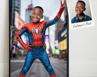 PRINTED & SHIPPED Realistic Spiderman Personalised Portrait Custom Art Photo Digital Download or Print Cartoon Frame Kids Boys Girls